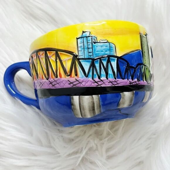 Portland Oregon Cappuccino Ceramic Mug Blue and Yellow Large - Picture 3 of 5
